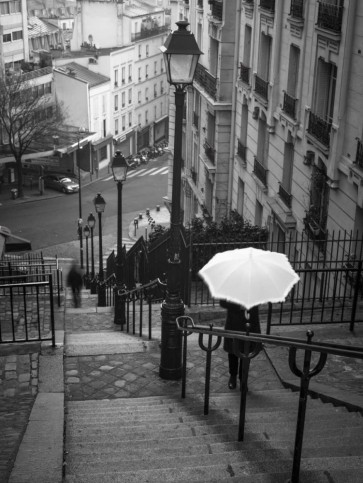 Assaf Frank - Woman with white umbrella standing on staircase in Montmartre, Paris, France