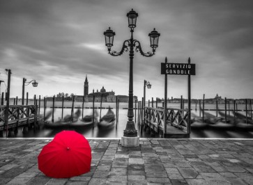 Assaf Frank - Heart shaped umbrella next to lamp post at Gondola hiring point, Venice, Italy