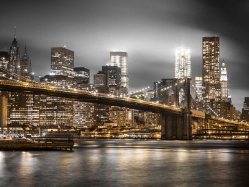 Assaf Frank - Evening shot of Brooklyn Bridge with Lower Manhattan skyline, New York