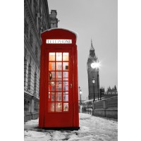London - Big Ben and Telephone Booth - Snowy Evening