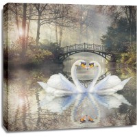 Joey Joe - Autumn - Swans Ahead of Old Bridge in Autumn Misty Park
