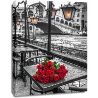 Assaf Frank - Bunch of red roses on street cafe table-Rialto Bridge-Venice-Italy